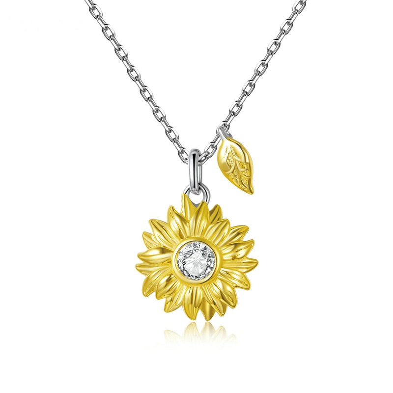 Collier Tournesol en argent 925 plaqué or blanc ajustable et pendentif plaqué or jaune avec zircon blanc