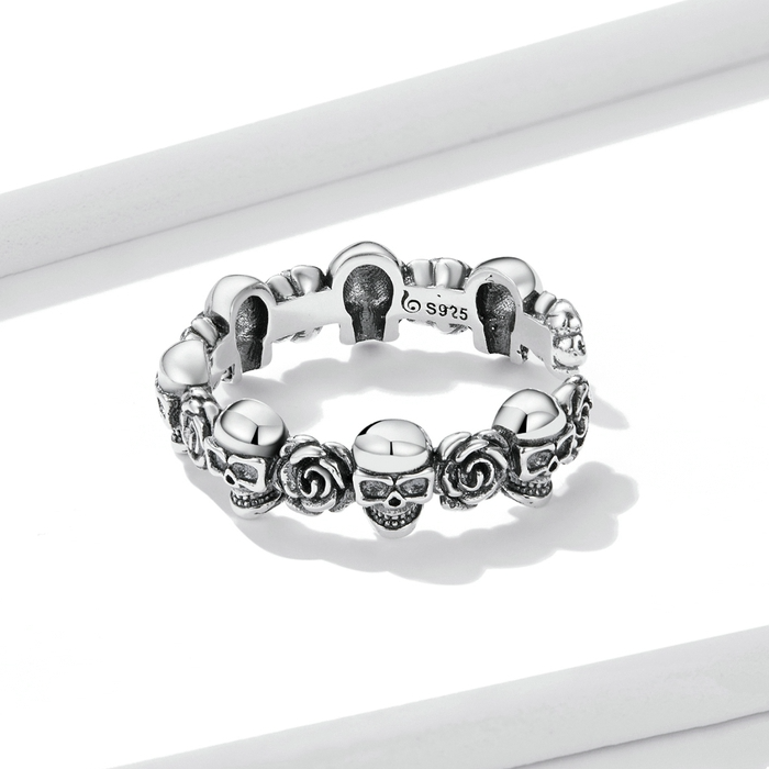 Bague Crânes et Roses en argent 925 plaqué or blanc ajustable - Photo 3