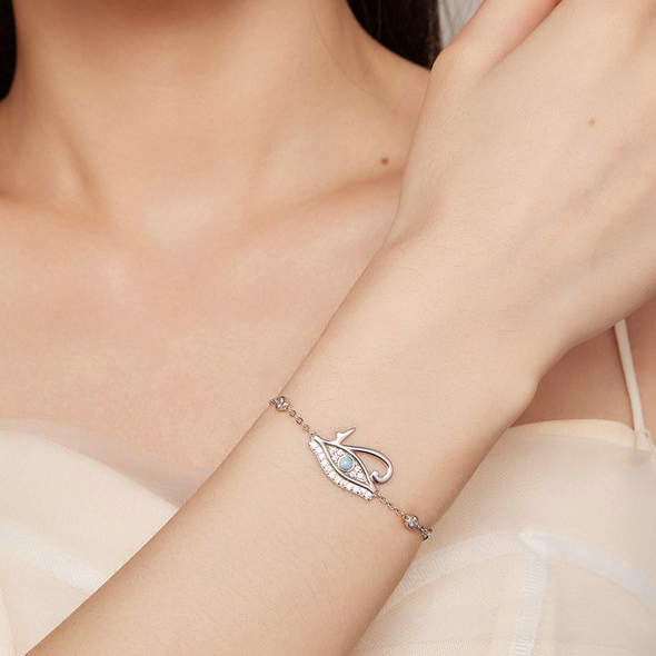 Bracelet Oeil d’Horus Argent Sterling 925 plaqué or blanc avec zircons et opale avec fermoir ajustable - Photo 2