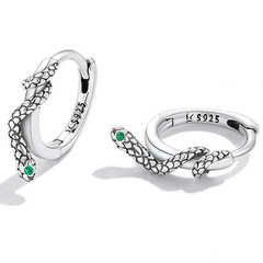 Boucles d’Oreilles Créoles Serpents en argent 925 plaqué or blanc avec zircons verts - Photo 3