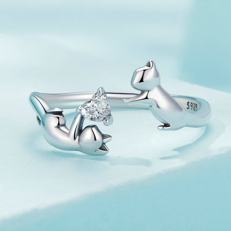 Bague Chats en argent 925 plaqué or blanc ajustable avec coeur en zircon blanc - Photo 3