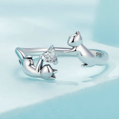 Bague Chats en argent 925 plaqué or blanc ajustable avec coeur en zircon blanc - Photo 3