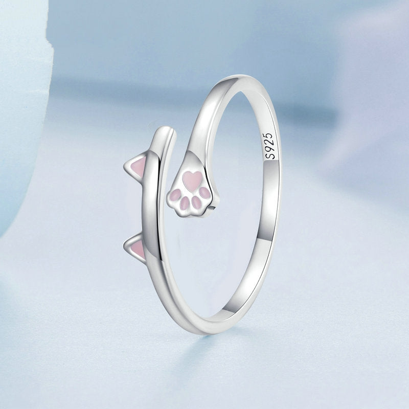 Bague Chat en argent 925 plaqué or blanc ajustable émaillé rose - Photo 3