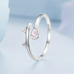 Bague Chat en argent 925 plaqué or blanc ajustable émaillé rose - Photo 3