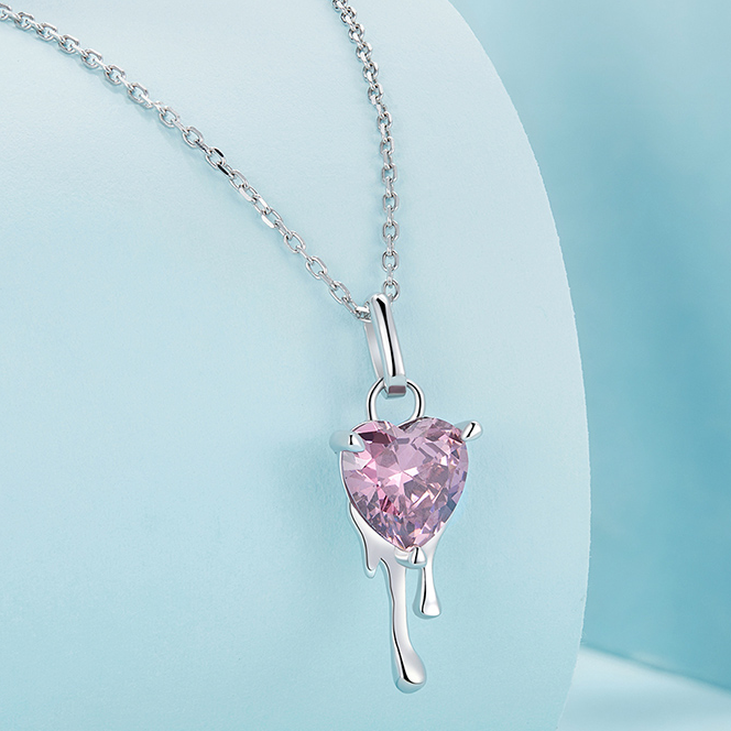 Collier Coeur Rose en argent 925 plaqué or blanc ajustable avec zircon rose - Photo 4
