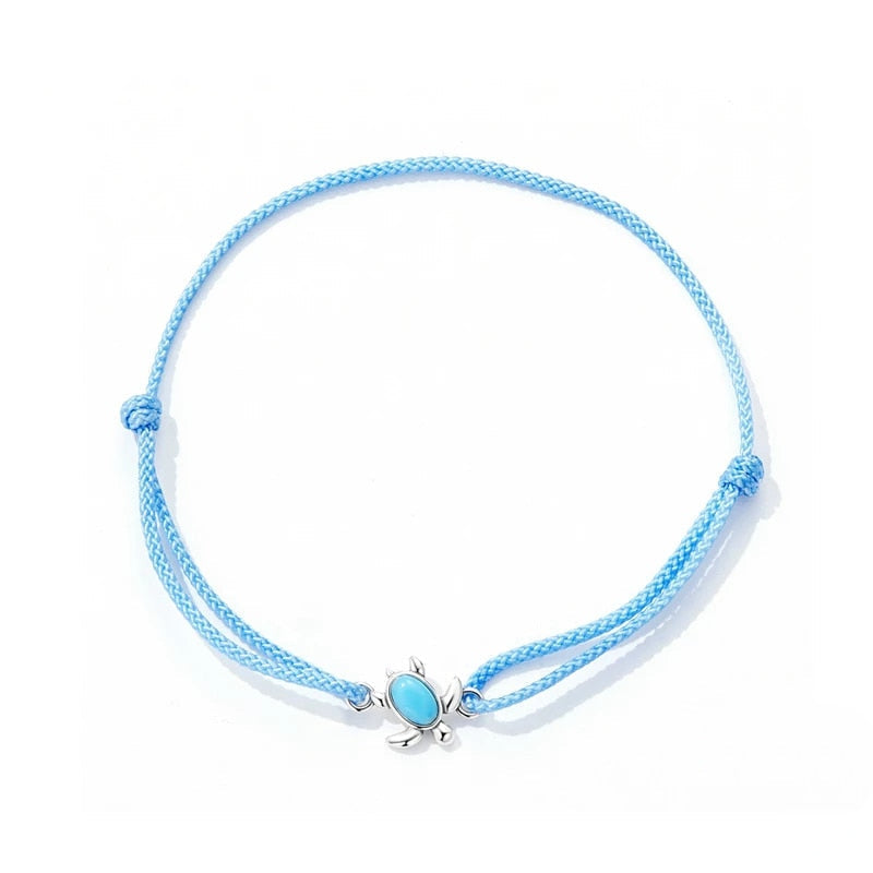 Bracelet Tortue style marin en corde bleue ajustable avec tortue en argent 925 et pierre turquoise
