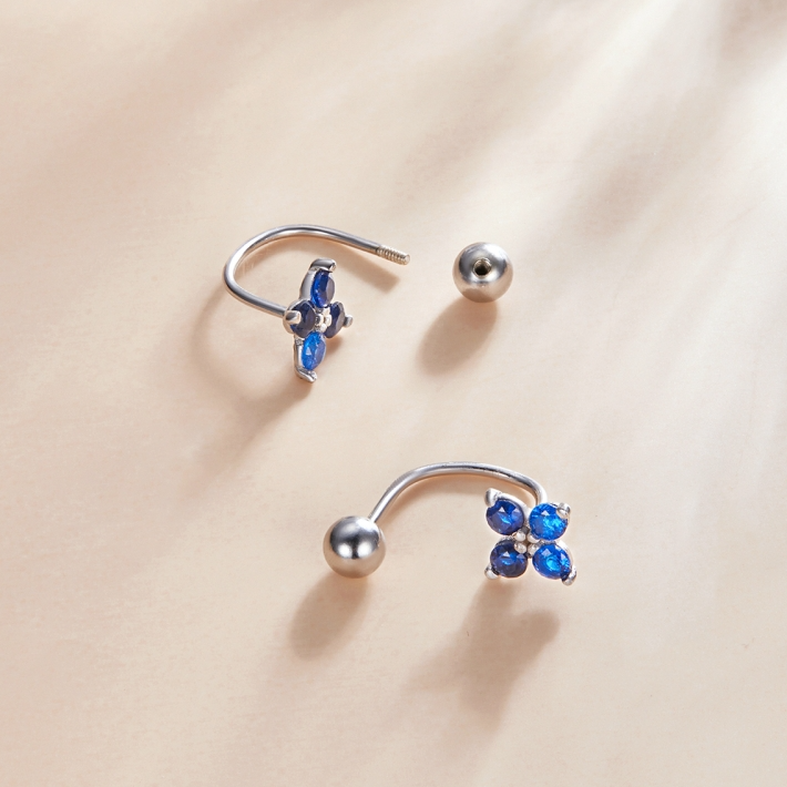 Boucles d’Oreilles Fleurs Bleues Argent sterling 925 plaqué or blanc avec zircons bleus - Photo 4