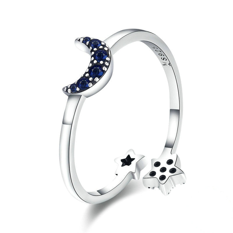 Bague Lune et Étoiles en argent 925 plaqué or blanc ajustable avec zircons bleus