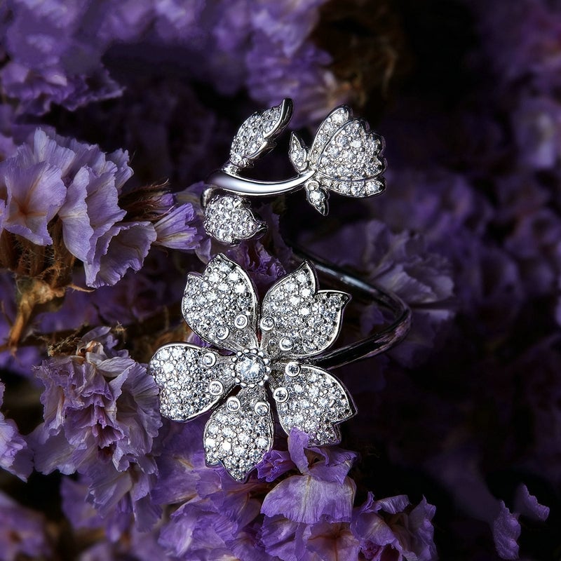 Bague Fleurs de Cerisier en argent 925 plaqué or blanc ajustable avec zircons blancs - Photo 4