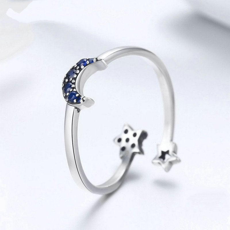 Bague Lune et Étoiles en argent 925 plaqué or blanc ajustable avec zircons bleus - Photo 3
