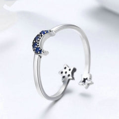 Bague Lune et Étoiles en argent 925 plaqué or blanc ajustable avec zircons bleus - Photo 3