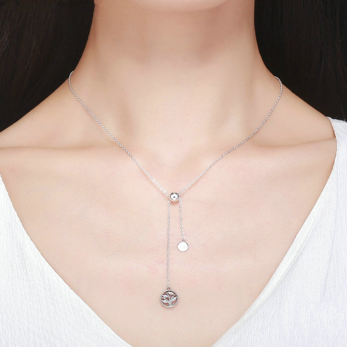 Collier Arbre de la Vie en argent 925 plaqué or blanc ajustable avec zircons blancs - Photo 2