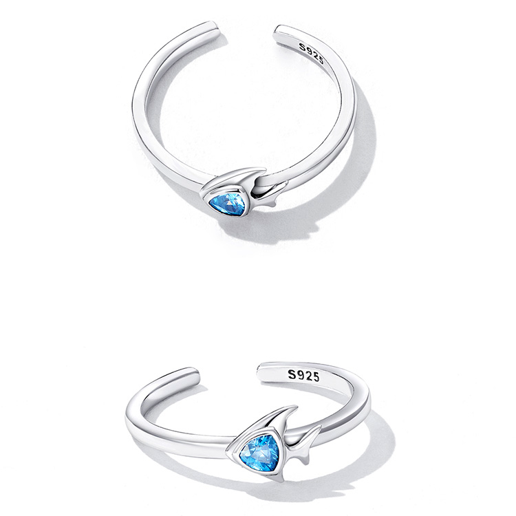 Bague Petit Poisson en argent 925 plaqué or blanc ajustable avec zircon bleu - Photo 5
