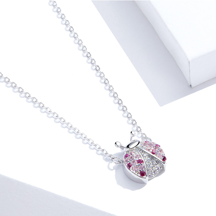 Collier Coccinelle en argent 925 plaqué or blanc avec zircons colorés - Photo 5