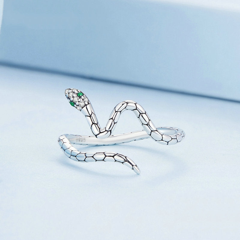 Bague Serpent en argent 925 plaqué or blanc ajustable avec zircons blancs et verts - Photo 4
