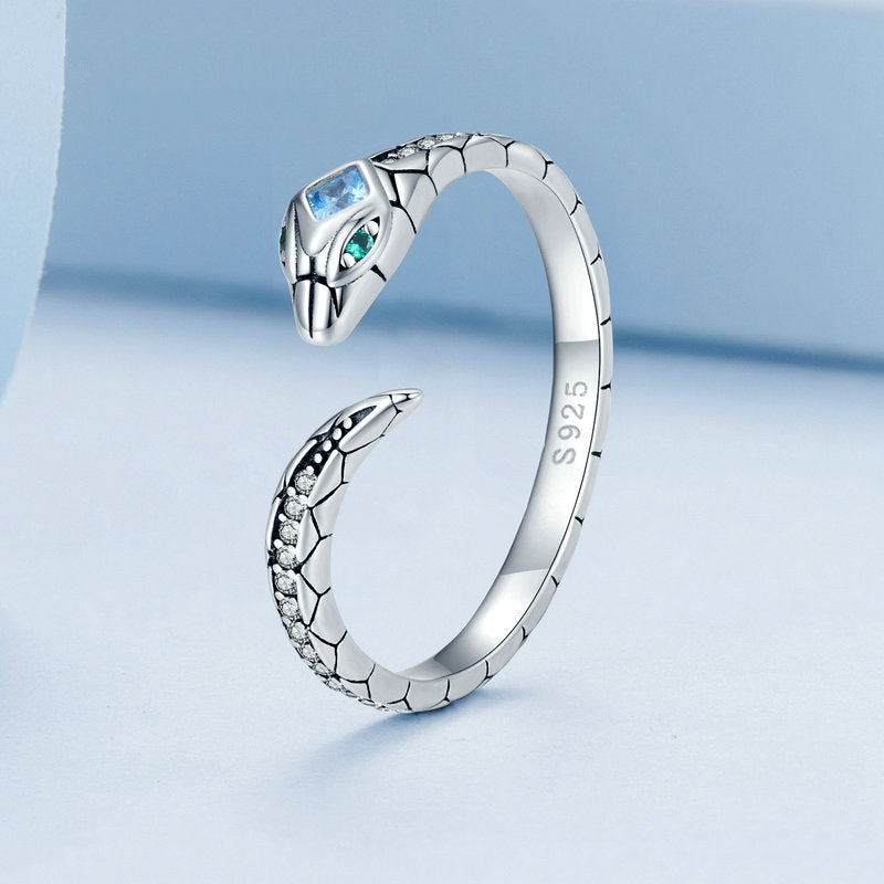 Bague Serpent en argent 925 plaqué or blanc ajustable aver zircons blancs et verts et bleu - Photo 3