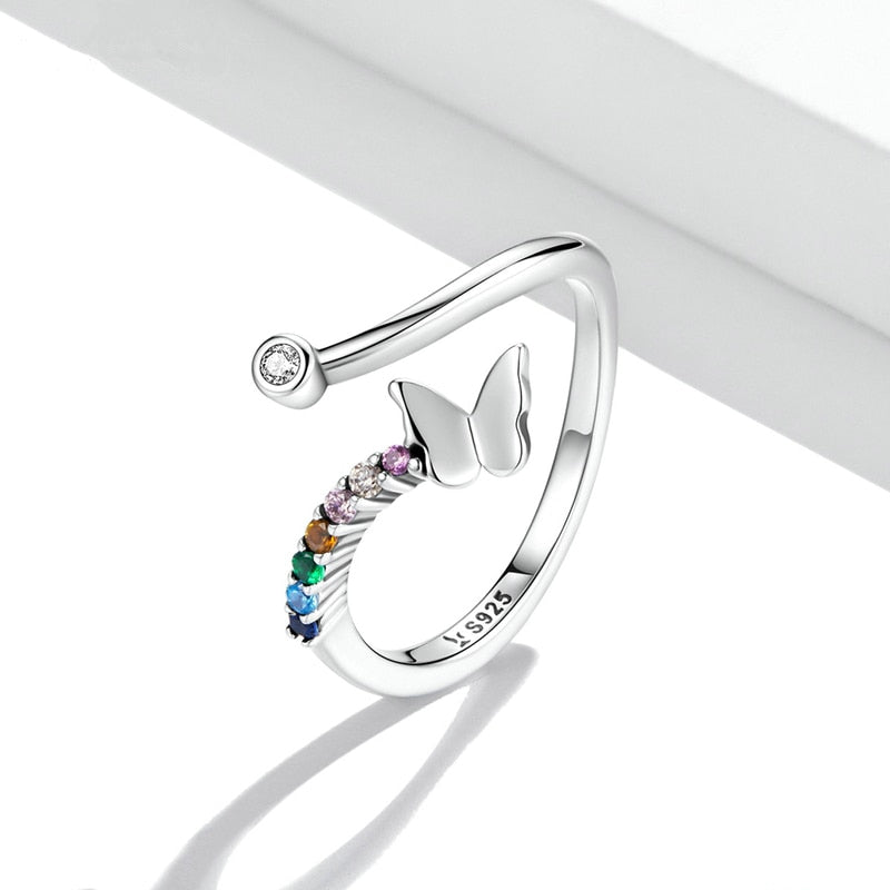 Bague Papillon en argent 925 plaqué or blanc ajustable avec zircons colorés - Photo 3