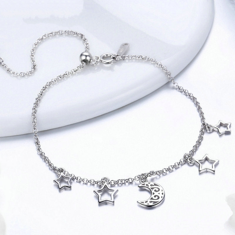 Bracelet Lune et Étoiles en argent 925 plaqué or blanc ajustable - Photo 3