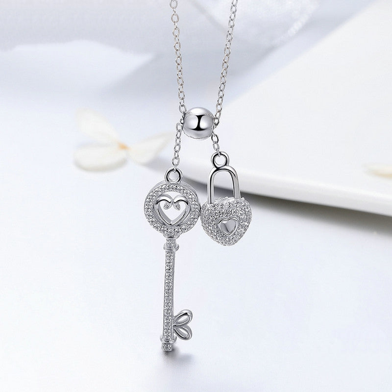 Collier Clé et Cadenas Coeur en argent 925 plaqué or blanc ajustable avec zircon blanc - Photo 3