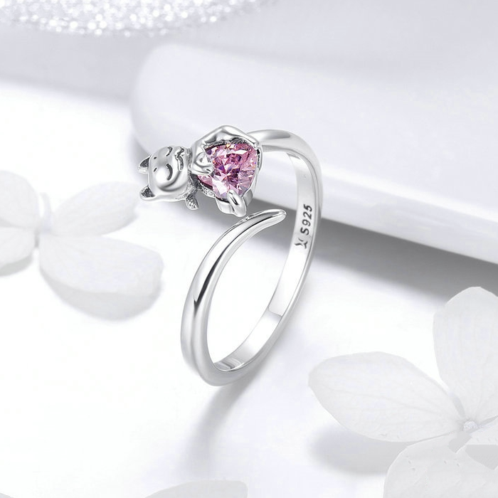 Bague Chat avec Coeur en argent 925 plaqué or blanc ajustable avec zircon rose - Photo 3
