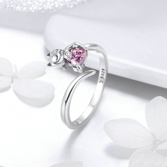 Bague Chat avec Coeur en argent 925 plaqué or blanc ajustable avec zircon rose - Photo 3