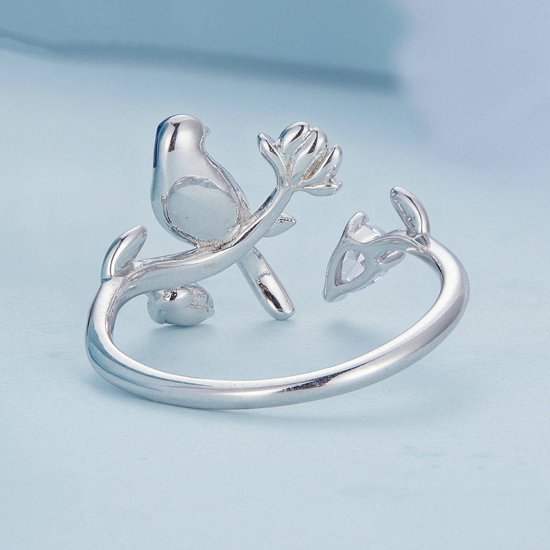 Bague Petit Oiseau en argent 925 plaqué or blanc ajustable émaillé à la main - Photo 5