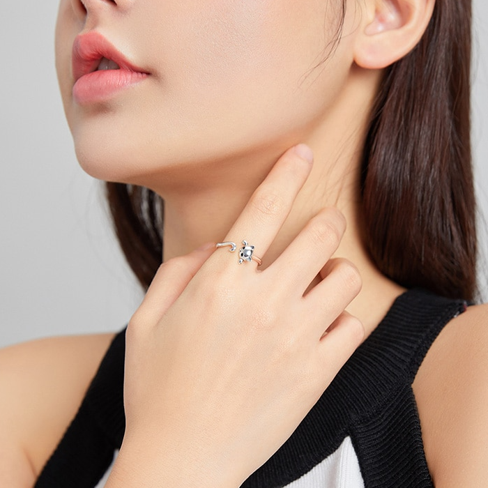 Bague Chat en argent 925 plaqué or jaune ajustable - Photo 2