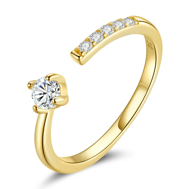 Bague Solitaire en argent 925 plaqué or jaune ajustable avec zircons blancs