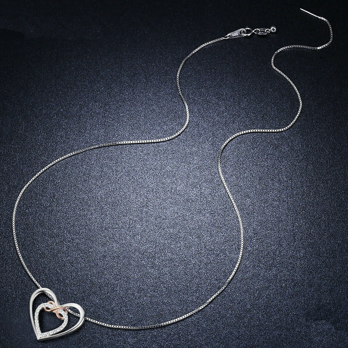 Collier Double Coeur avec Infini en argent 925 plaqué or blanc et or rose ajustable avec zircons blancs - Photo 4