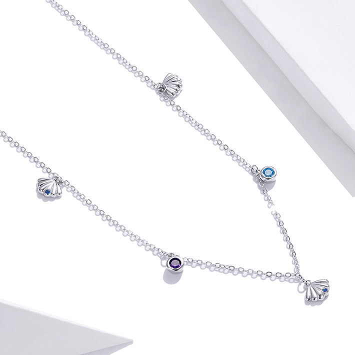 Collier Coquillages en argent 925 plaqué or blanc ajustable avec zircons colorés - Photo 3