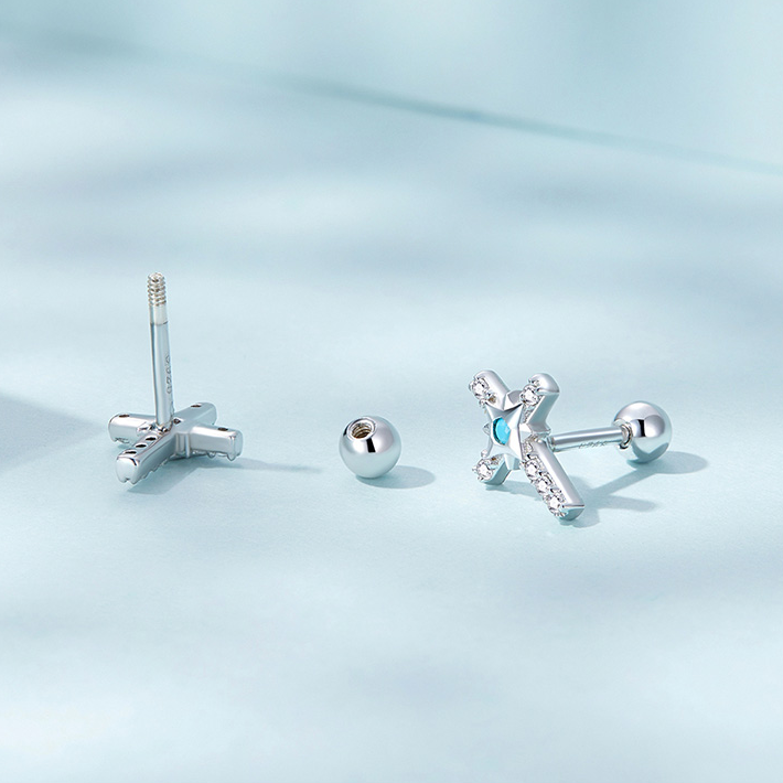 Boucles d’Oreilles Croix Brillantes Puces en Argent Sterling 925 plaqué or blanc avec pavé de zircons - Photo 4