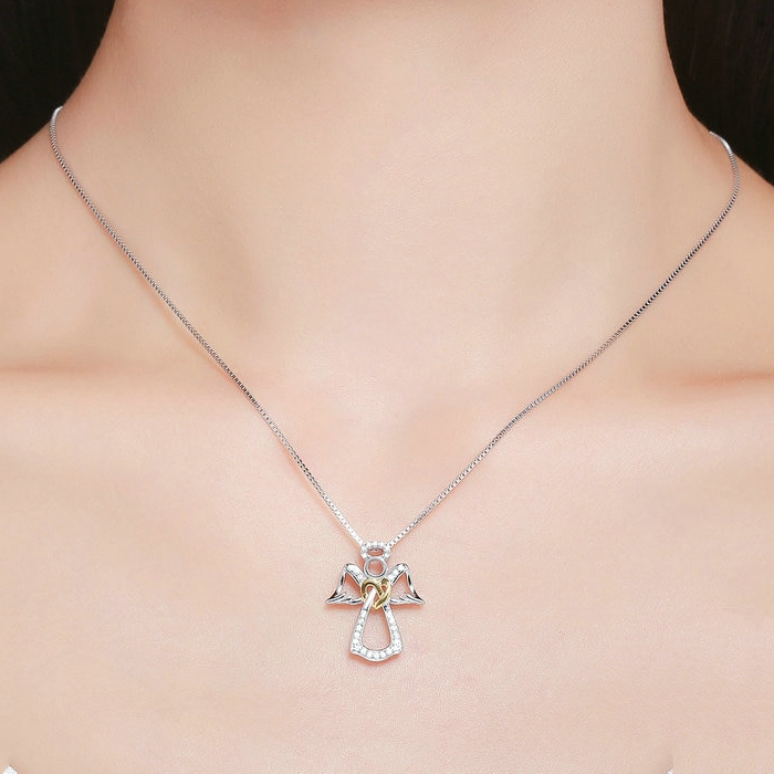Collier Ange Gardien en argent 925 plaqué or blanc et or jaune avec zircons blancs - Photo 2