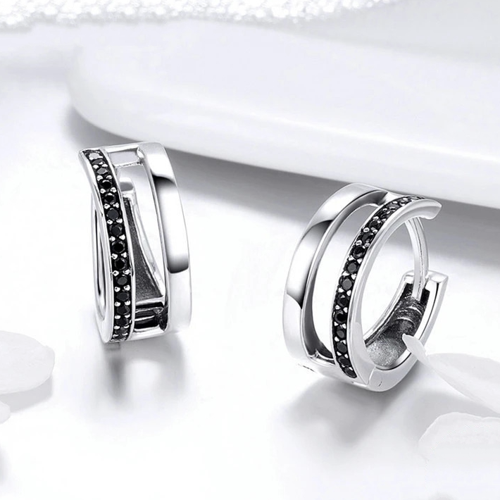 Boucles d’Oreilles Créoles Double en argent 925 plaqué or blanc avec zircons noirs - Photo 4