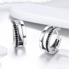 Boucles d’Oreilles Créoles Double en argent 925 plaqué or blanc avec zircons noirs - Photo 4