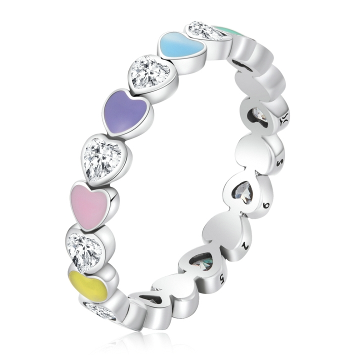 Bague Coeurs Colorés en argent 925 plaqué or blanc émaillé à la main avec zircons blancs