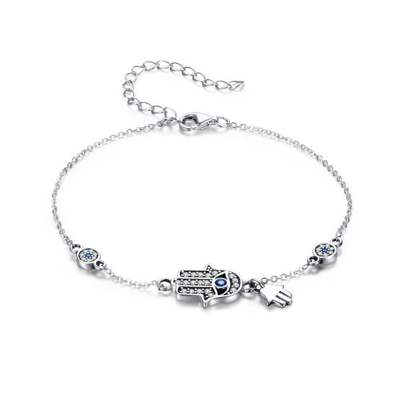 Bracelet Hamsa en argent 925 plaqué or blanc ajustable avec zircons blancs et bleus