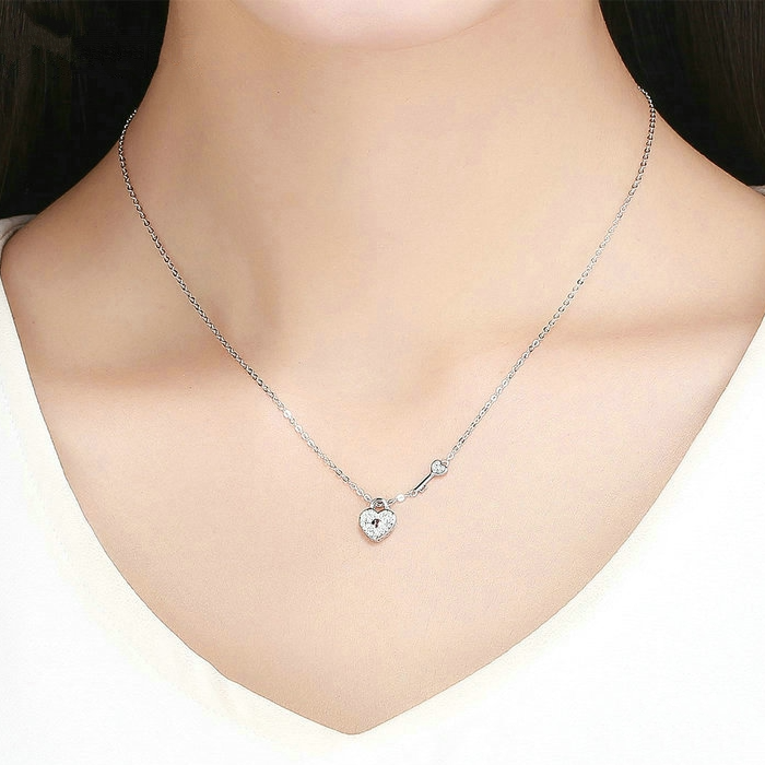 Collier Clé et Cadenas Coeur en argent 925 plaqué or blanc ajustable avec zircon blanc - Photo 2