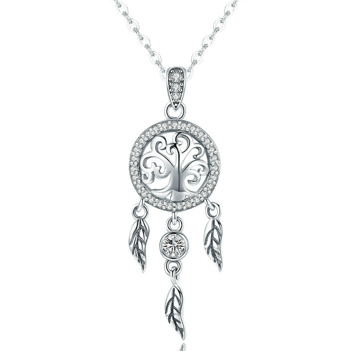 Collier Attrape-Rêves avec Arbre de Vie Argent Sterling 925 plaqué or blanc avec zircons blancs