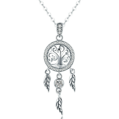 Collier Attrape-Rêves avec Arbre de Vie Argent Sterling 925 plaqué or blanc avec zircons blancs