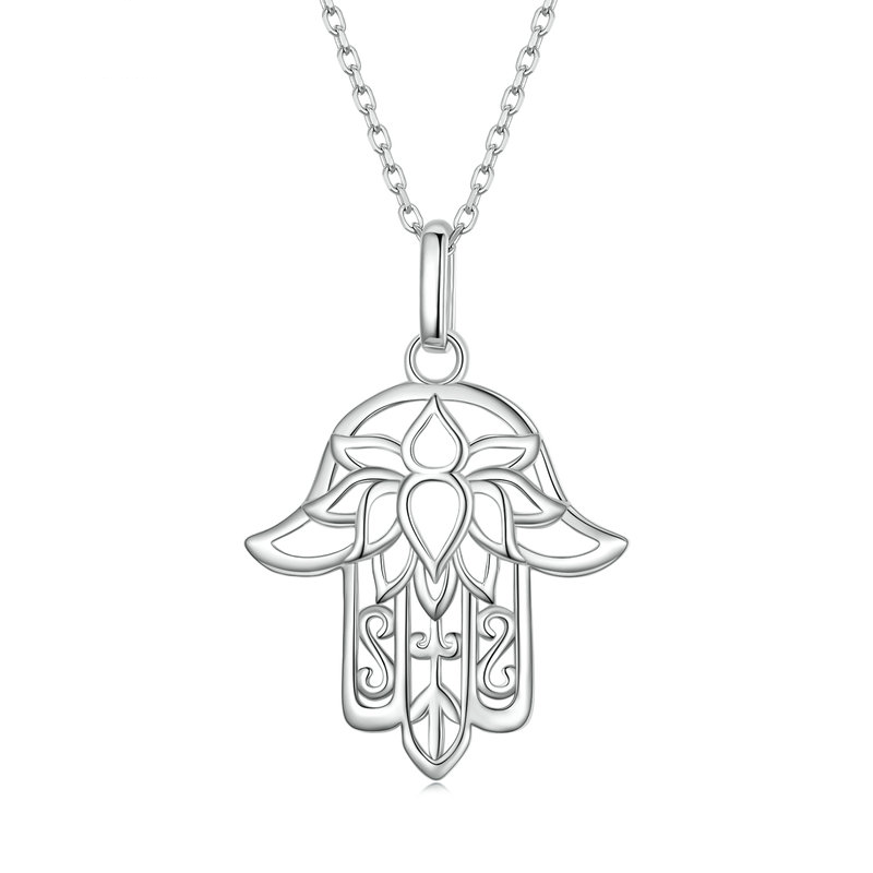 Collier Hamsa Fleur de Lotus en argent 925 plaqué or blanc ajustable
