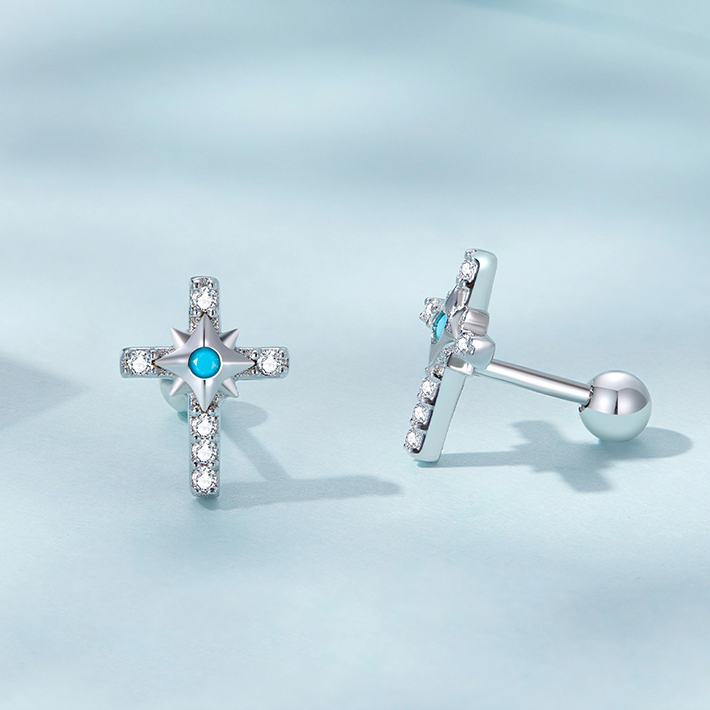 Boucles d’Oreilles Croix Brillantes Puces en Argent Sterling 925 plaqué or blanc avec pavé de zircons - Photo 3