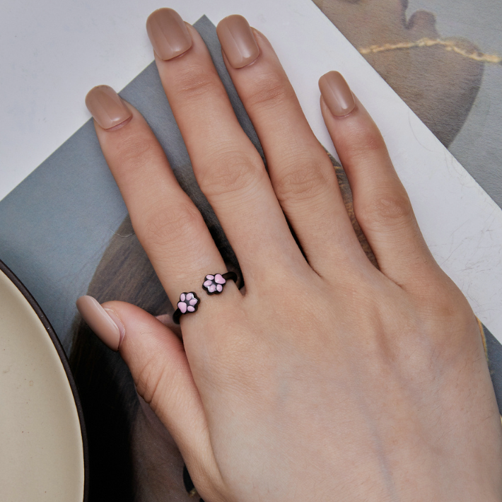 Bague Pattes de Chat Argent Sterling 925 plaqué noir émaillé rose – ajustable - Photo 2