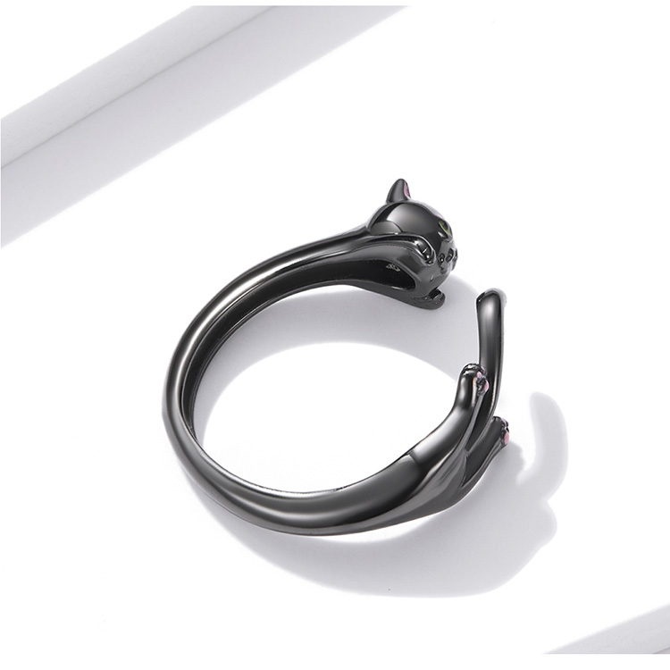 Bague Chat Noir en argent 925 plaqué noir ajustable - Photo 5