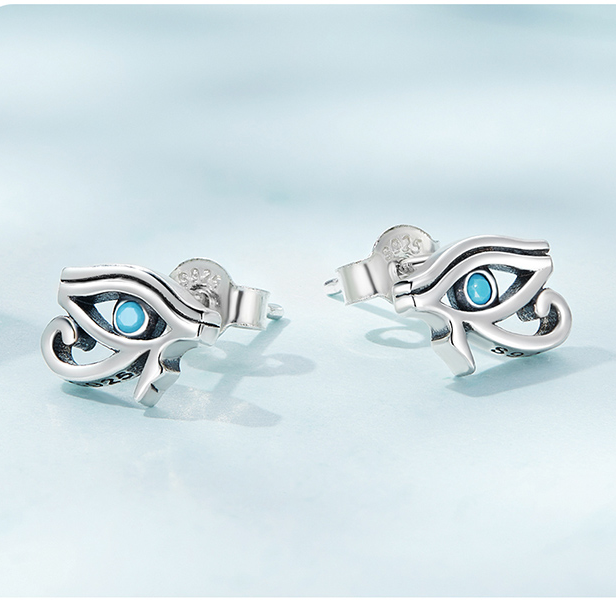 Boucles d’Oreilles Oeil d’Horus Puces en Argent Sterling 925 plaqué or blanc avec zircons bleus - Photo 2