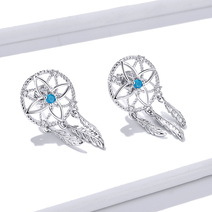 Boucles d’Oreilles Attrape-Rêves Puces en Argent Sterling 925 plaqué or blanc