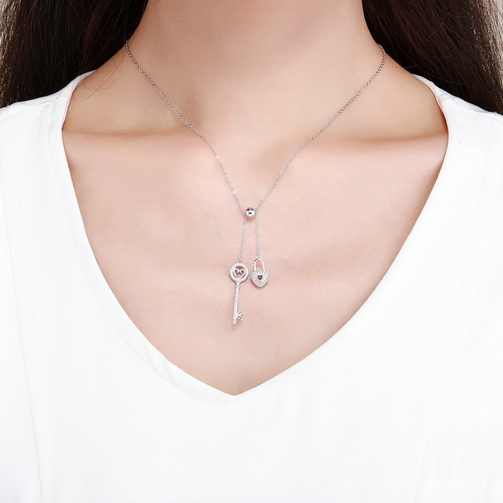 Collier Clé et Cadenas Coeur en argent 925 plaqué or blanc ajustable avec zircon blanc - Photo 2