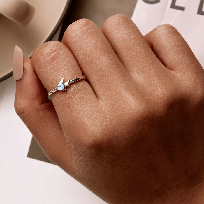 Bague Petit Poisson en argent 925 plaqué or blanc ajustable avec zircon bleu - Photo 2