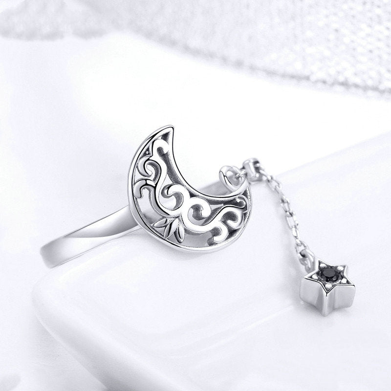 Bague Lune et Étoile en argent 925 plaqué or blanc ajustable avec chaîne et zircon noir - Photo 4
