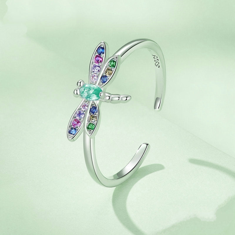 Bague Libellule en argent 925 plaqué or blanc ajustable avec zircons colorés - Photo 3