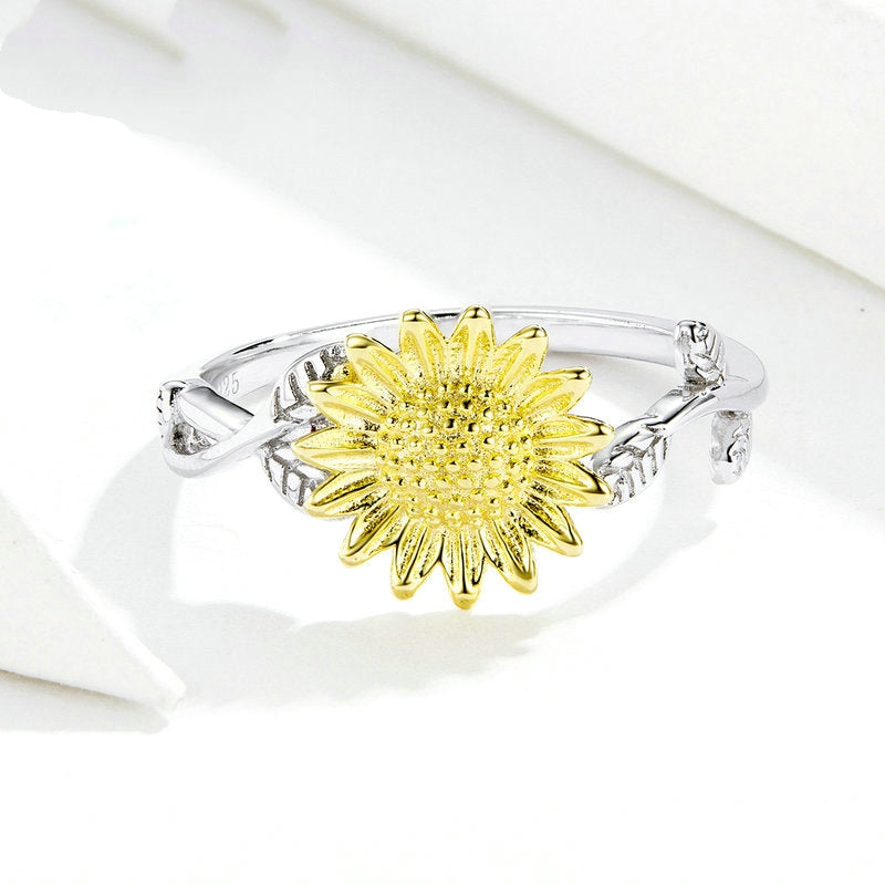 Bague Tournesol en argent 925 plaqué or blanc ajustable avec pétales plaqués or jaune - Photo 4